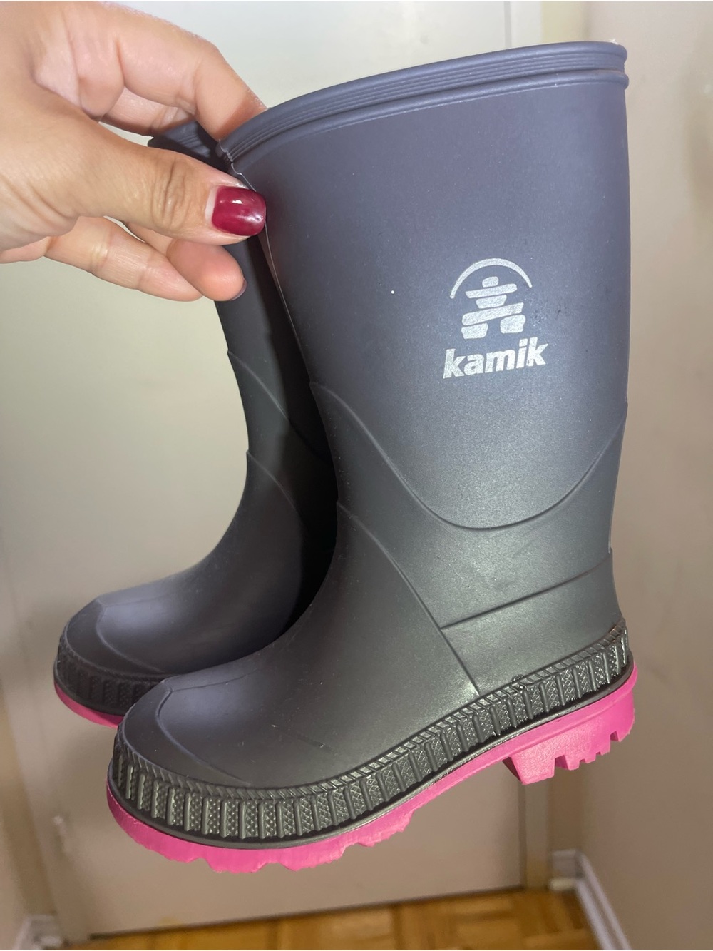 Kamik Kids Gray Rain Boots with Pink Soles